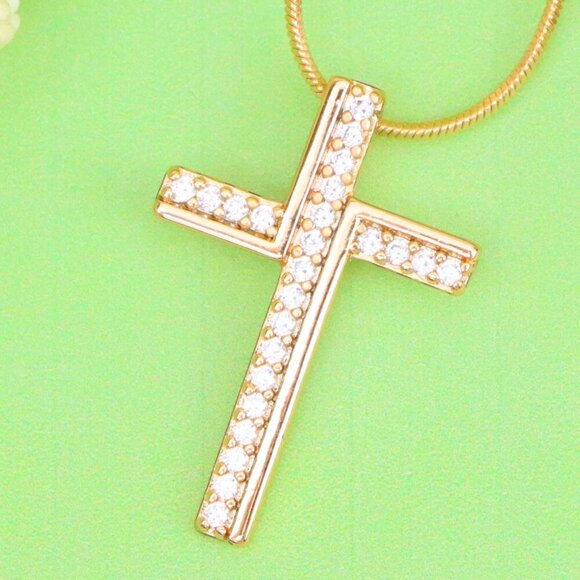 "Rose Gold Cross Pendant with White Crystals in Minimalist Design, XPPT1505 - Picture 1 of 12